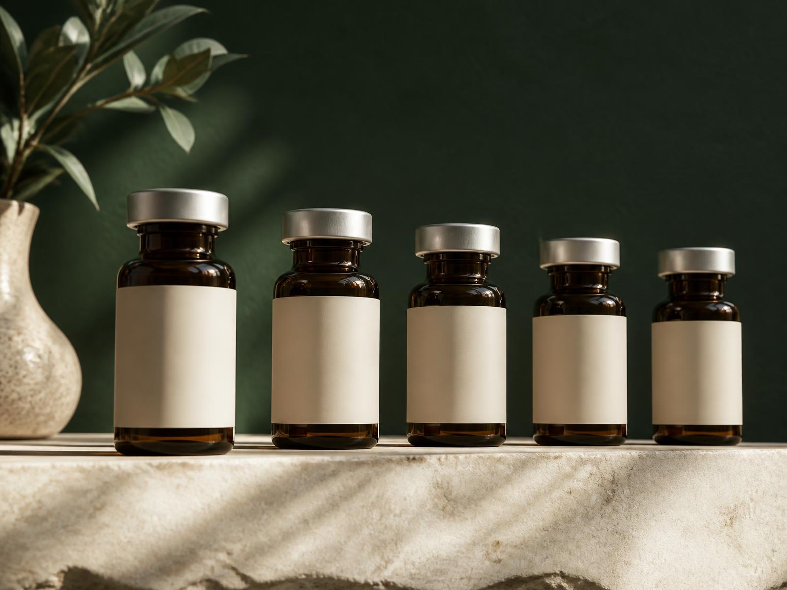 Amber peptide vials on a stone ledge
